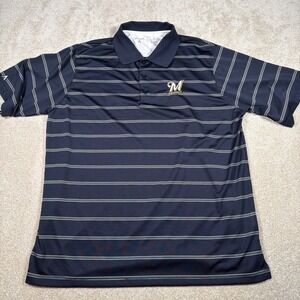 Milwaukee Brewers Antigua Short Sleeve Polo Shirt Mens XL Blue Striped Golf